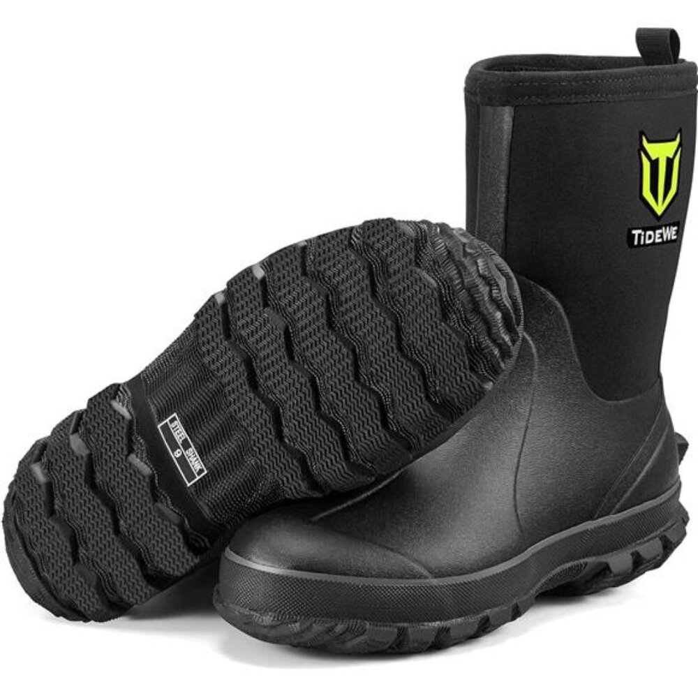 Rubber Boots for Men, 5.5mm Neoprene Insulated Rain Boots with Steel Shank